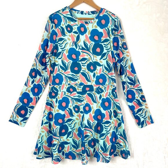 Original Penguin Dress Womens M Blue Floral Long Sleeve Mesh Fit Flare Athletic - Picture 1 of 12